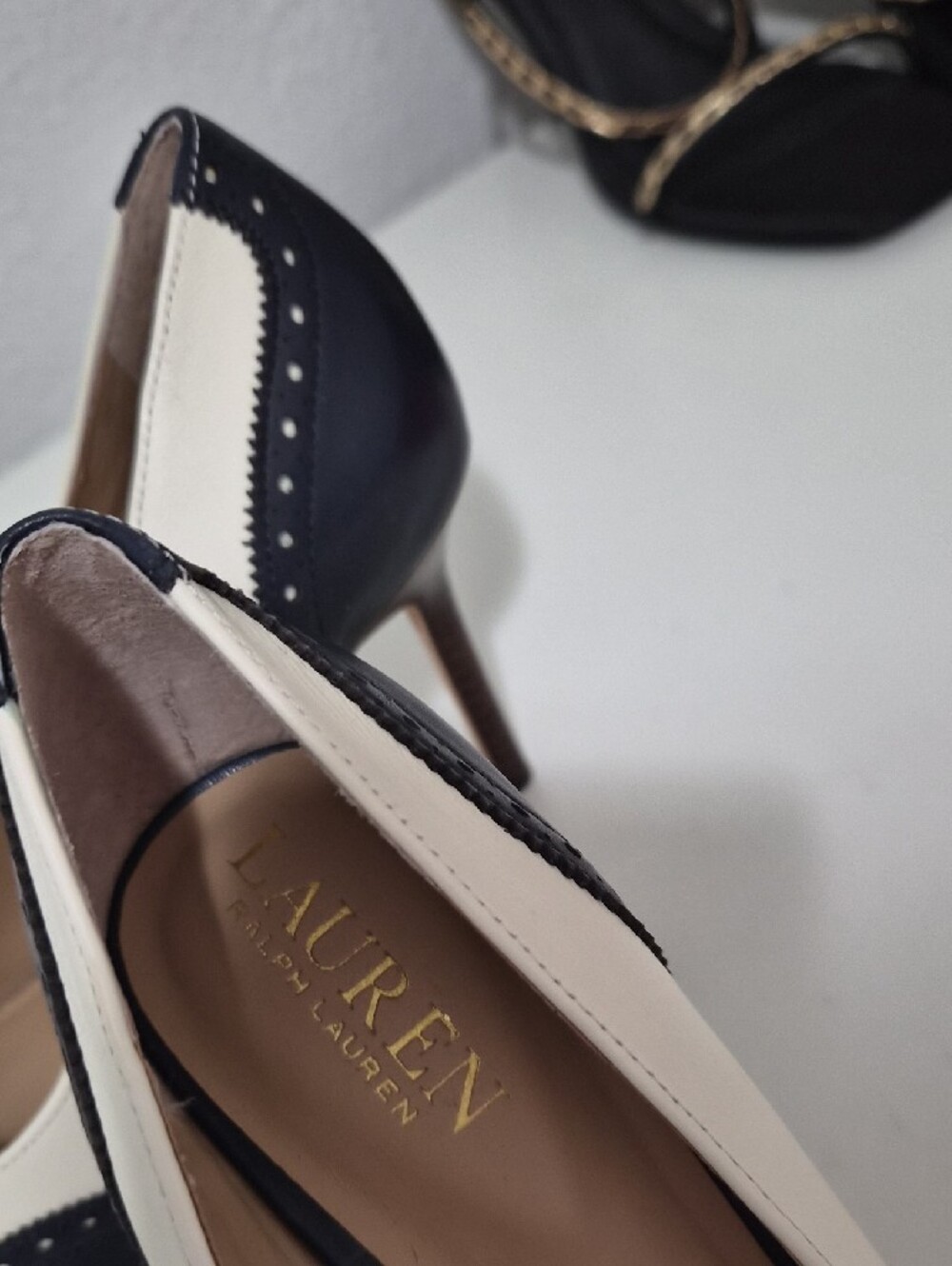 Lauren Ralph Lauren Black and Cream Pointed Brogue Pumps - Picture 5 of 5